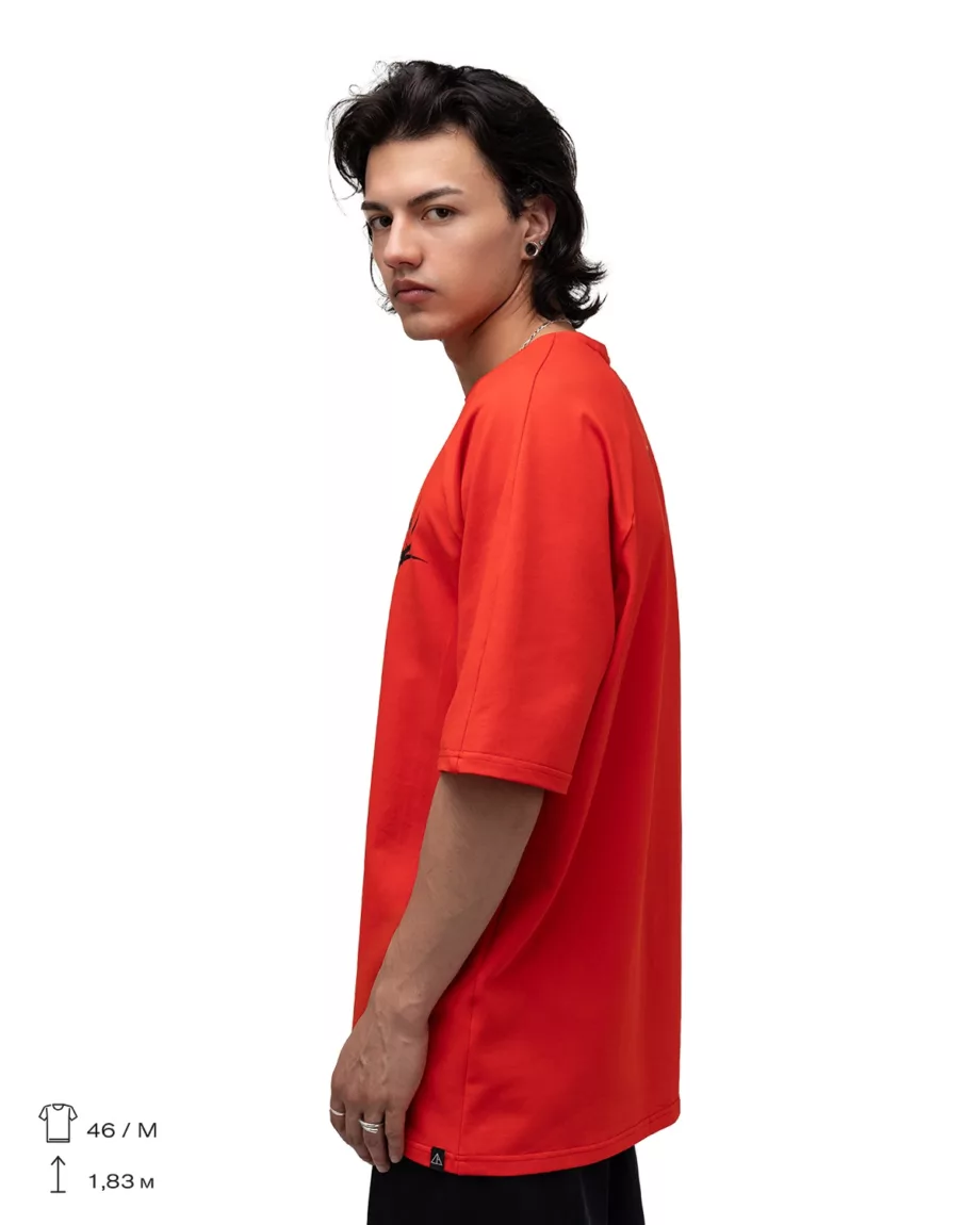 Fire Red with Black Print Oversized T-Shirt "Phantom"