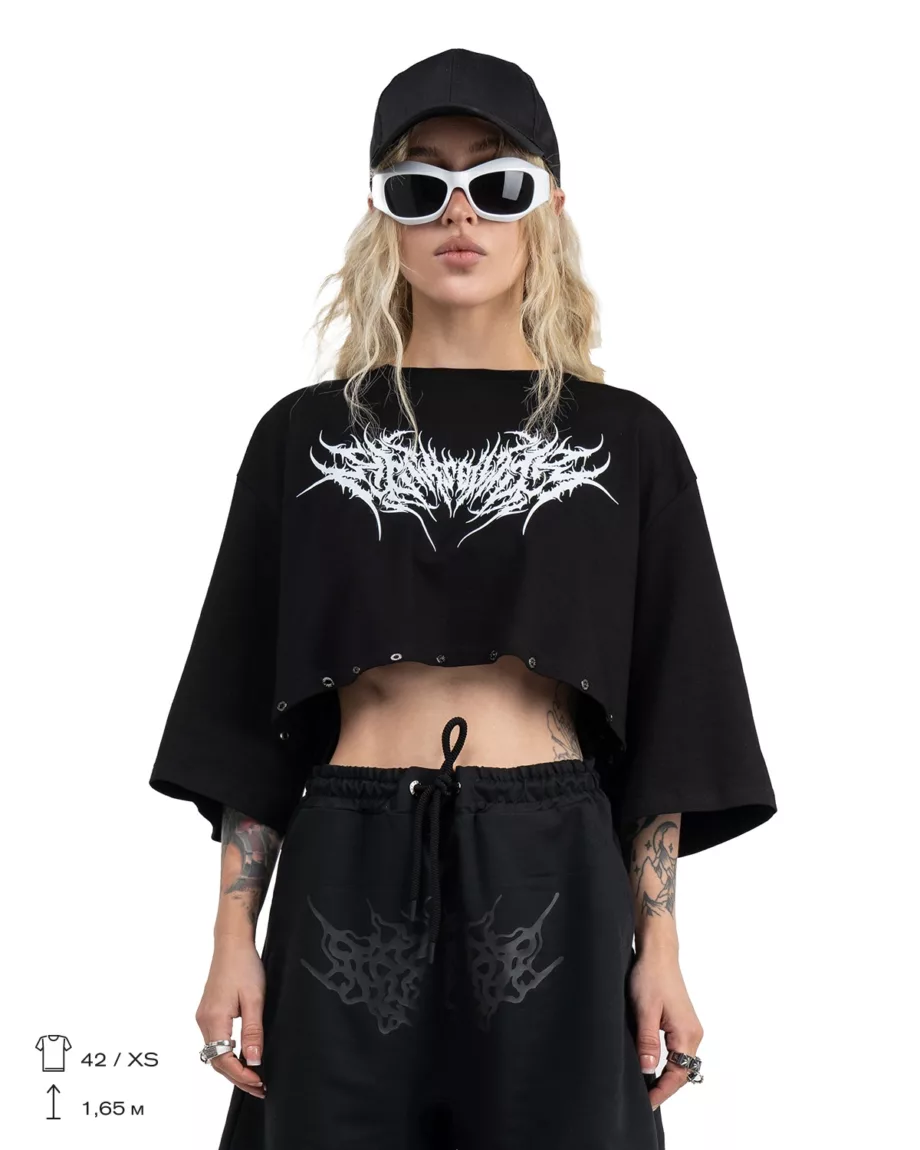 Black Crop Print T-Shirt Phantom