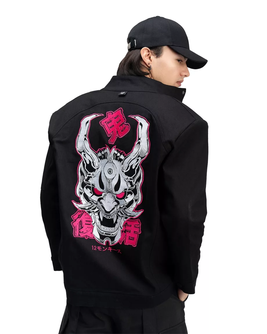 Black Denim Jacket with Embroidery on the Back "Oni"