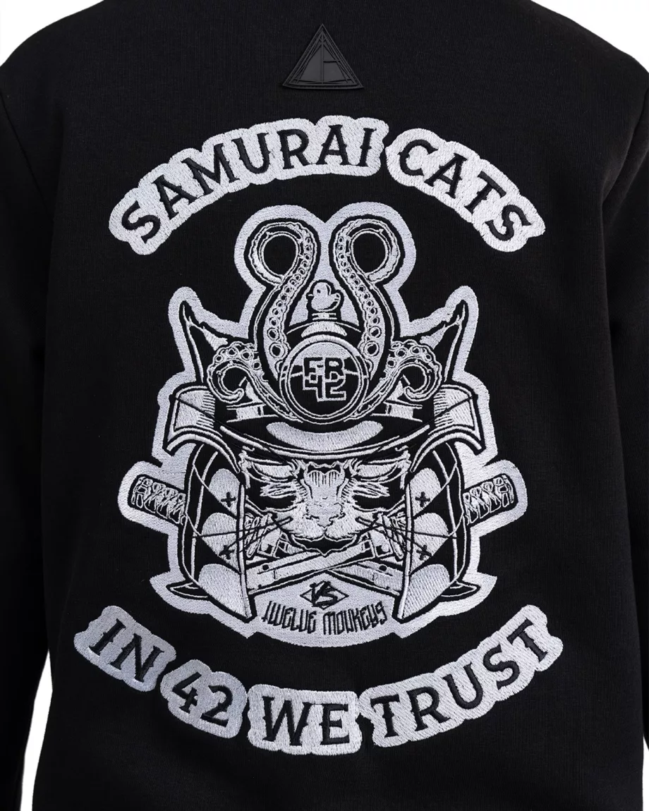 Black Zip Up Embroidered Sweatshirt "Samurai Cat"