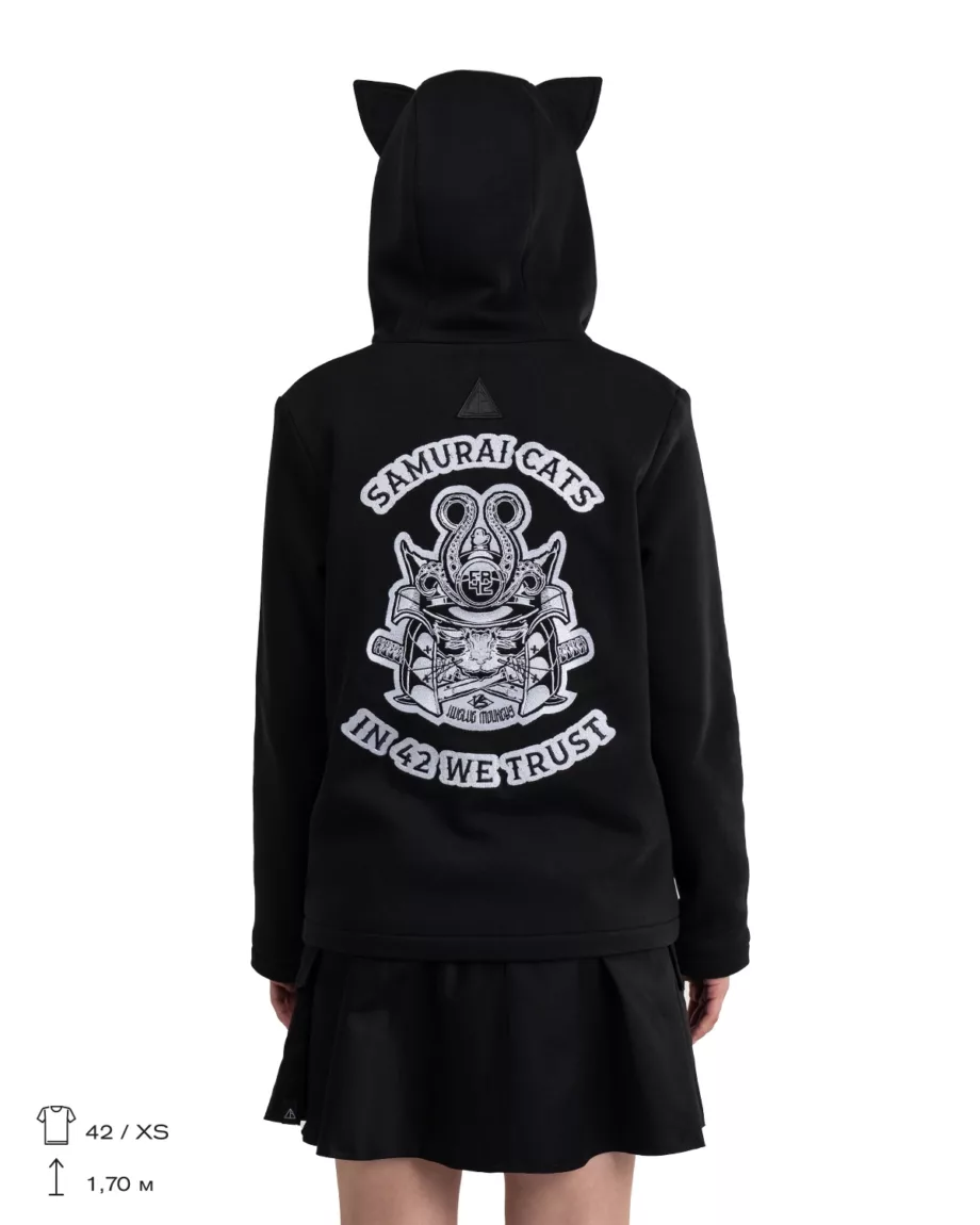 Black Zip Up Embroidered Sweatshirt "Samurai Cat"