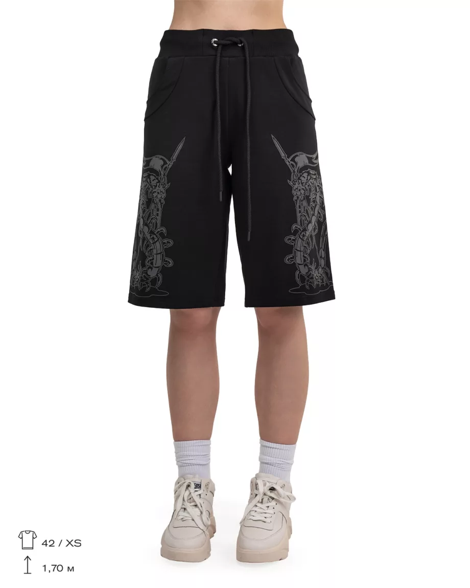 Black Loose Fit Printed Shorts "Scatopendra"