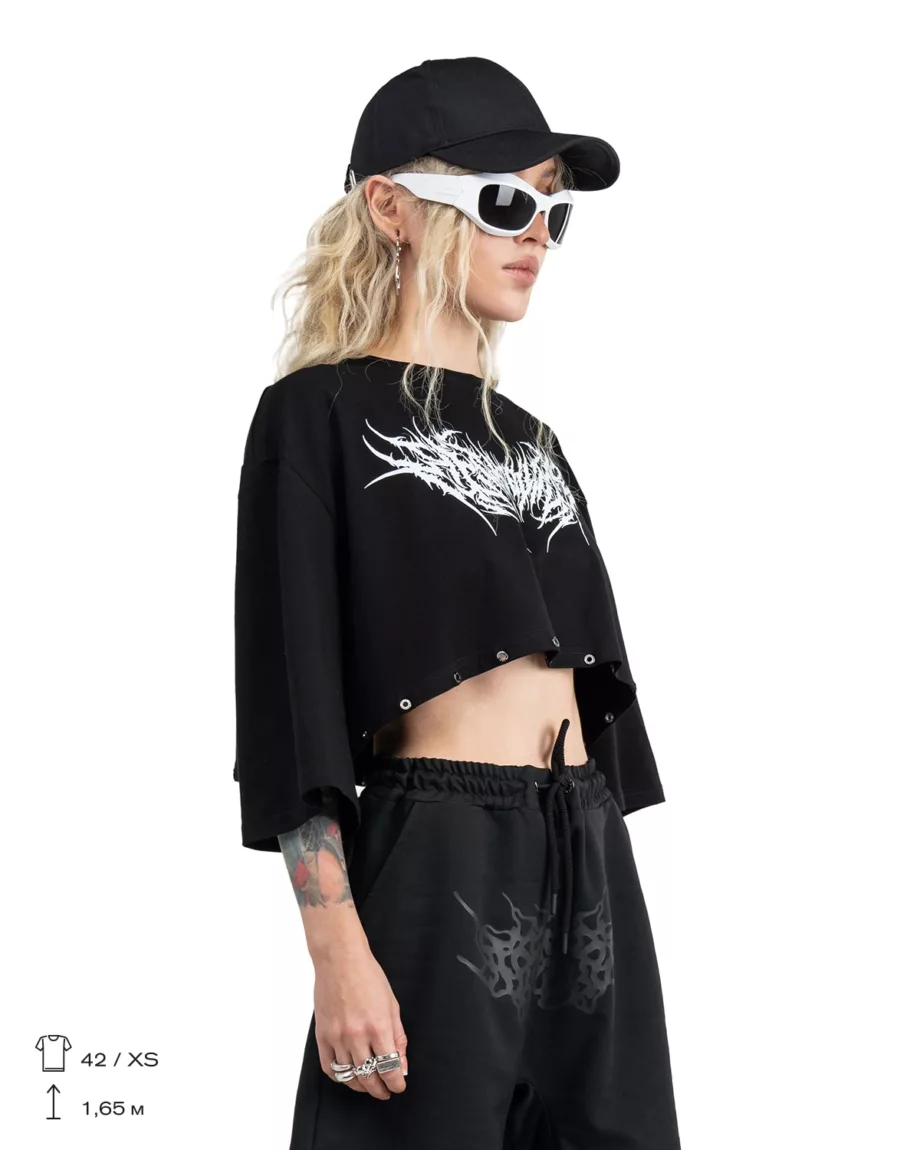 Black Crop Print T-Shirt Phantom