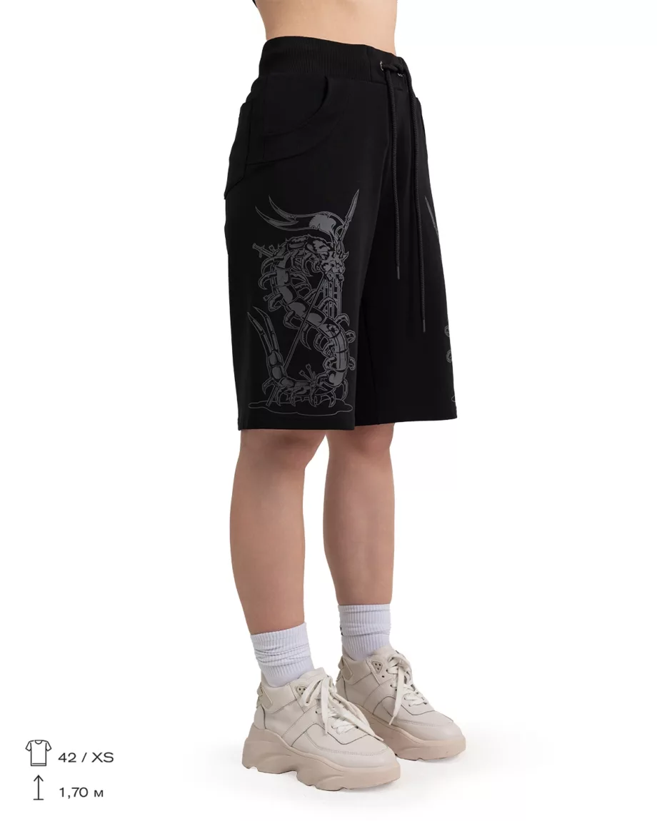 Black Loose Fit Printed Shorts "Scatopendra"